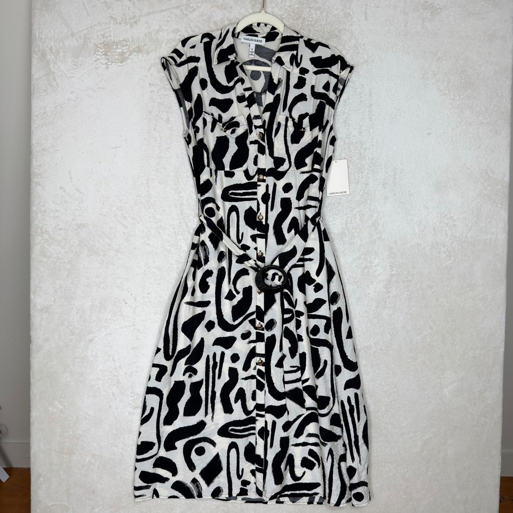 Harlow & Rose Womens Abstract Brushstroke Midi Shirt Dress Artsy Small NWT